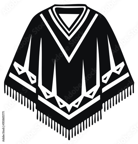 Black and white geometric pattern woven poncho with fringe detail