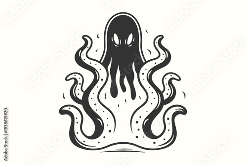 Grotesque Tentacle Monster Silhouette, Alien Creature Design, Sci-Fi Horror Vector