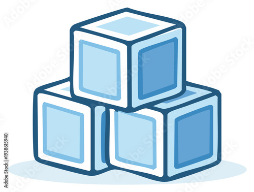Stack of three blue cartoon ice cubes, refreshing cold illustration for drinks and beverages