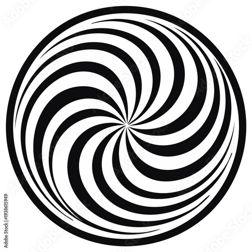 Black and white swirling spiral vortex pattern in a circle optical illusion