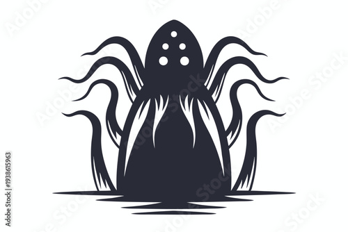 Menacing Alien Tentacle Monster Silhouette, Dark Sci-Fi Horror Art, Vector Illustration