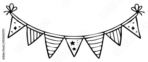 Hand Drawn Festive Pennant Banner Bunting with Stars and Stripes for Parties or Celebrations Decoration in Simple Outline Style