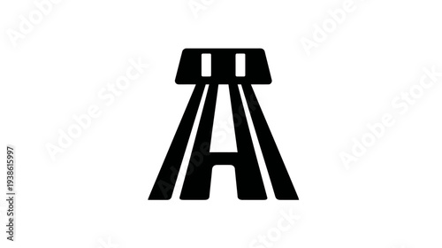 Black and white graphic featuring a stylized letter 'A', with parallel lines expanding from a top plate