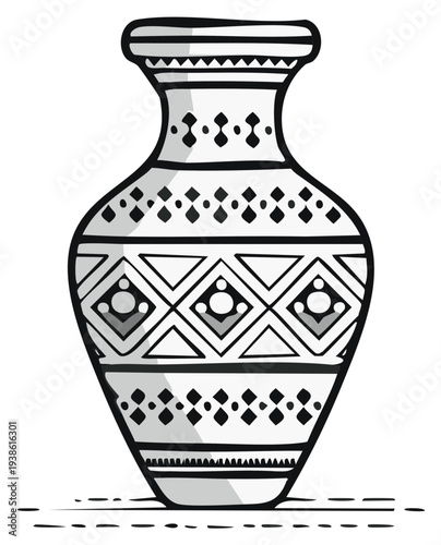 Black and white illustration of an ornate vase with geometric patterns, drawing style.