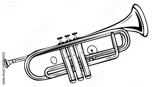 Illustration of a brass trumpet musical instrument in black and white, side view