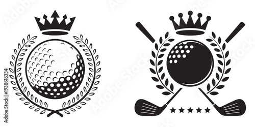 Crowned Golf Ball Sports Emblem Vector, laurel wreath with crossed clubs, golf championship trophy badge illustration for event and victory celebration