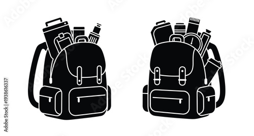 Two backpacks filled with school supplies presented as a silhouette