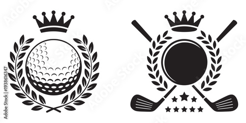 Crowned Golf Ball Sports Emblem Vector, laurel wreath and crossed clubs, championship golf trophy badge design, victory and event illustration