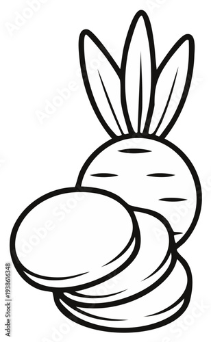 Black and white illustration of radish and slices.