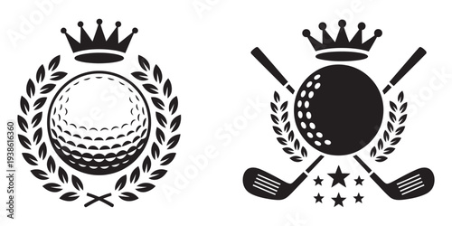 Crowned Golf Ball Sports Emblem Vector, laurel wreath with crossed clubs, championship trophy badge design, golf event victory celebration illustration