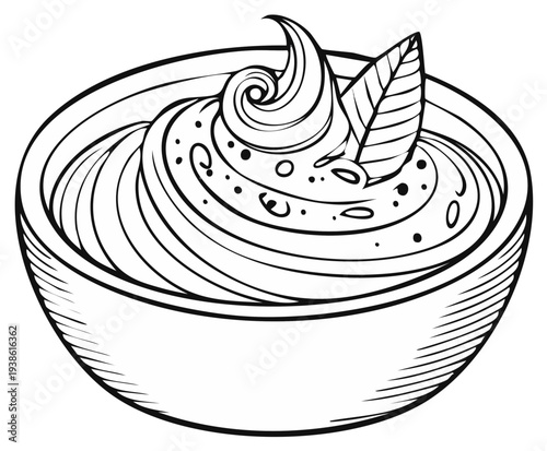 Creamy Dessert in Bowl with Mint Leaf Detailed Line Art Illustration