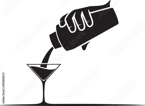 Preparing a cocktail, shaker pours into glass, black vector