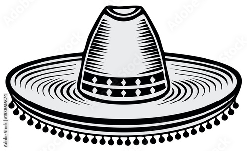Traditional Mexican Sombrero Hat Illustration with Band and Pom Poms