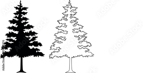 Pine tree silhouette with outline and stroke style evergreen tree design set