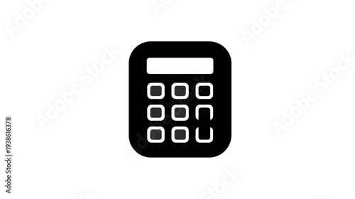A black and white illustration of a basic calculator icon on a blank, white background