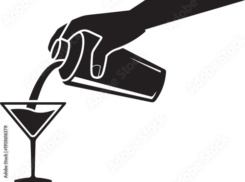 Preparing a cocktail, shaker pours into glass, black vector