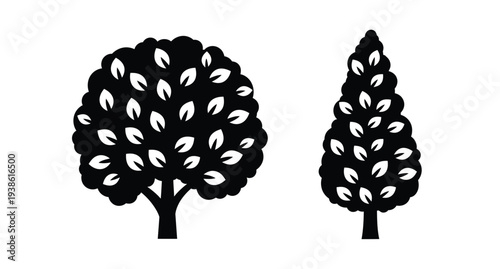 Black trees with rounded and conical shapes depicted as a silhouette