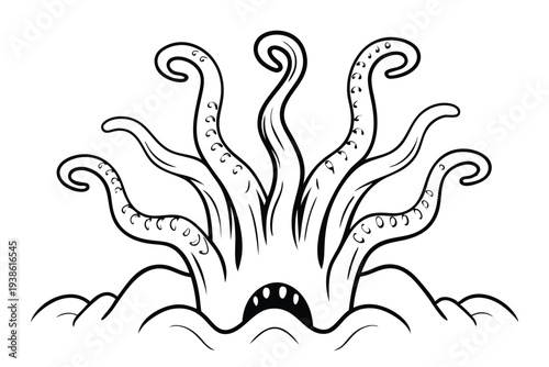 A single black silhouette of a fearsome alien monster with tentacles