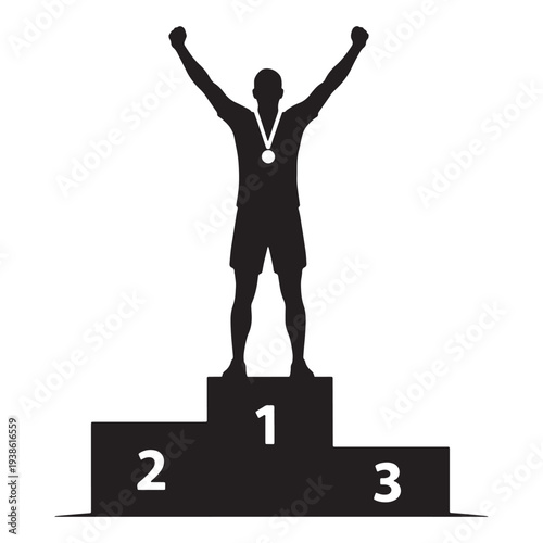 A triumphant athlete stands on the number one podium with his arms raised in victory silhouette