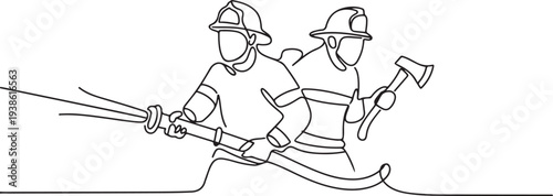 Firefighters with firefighting equipment concept. Single line draw design. one line art icon drawing vector