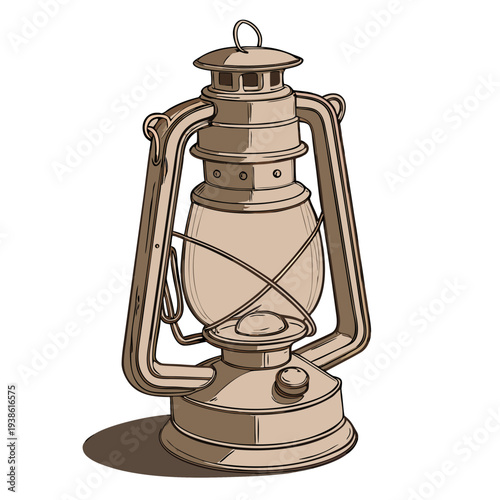 vintage oil lamp, antique kerosene lamp, old-fashioned hurricane lantern, rustic camping lantern, detailed illustration of a metal oil lamp, warm lighting effect, high contrast, muted colors
