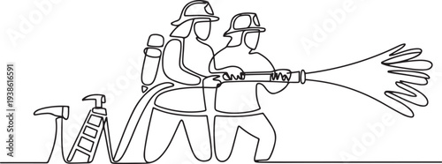 Firefighters with firefighting equipment concept. Single line draw design. one line art icon drawing vector