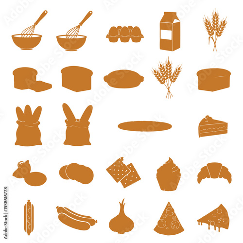 Assorted food icons collection featuring utensils, produce, and baked goods icons in a grid layout