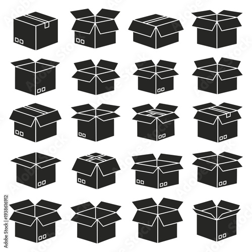 Collection of open and closed boxes arranged in a grid pattern, showcasing various packaging styles
