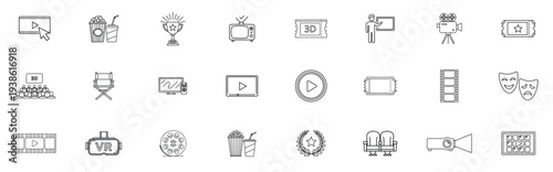 Media and entertainment icons set. Video camera microphone television and broadcast symbols. Outline vector icon collection
