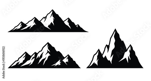 Minimalist mountain range graphics presented as a striking black silhouette