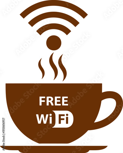 Modern free wifi coffee mug illustration with steam and signal icon on transparent surface