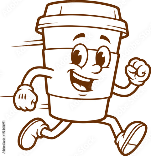 Running coffee cup character illustration with happy face and fast motion lines in brown