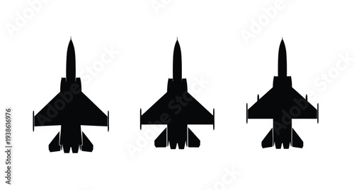 Three fighter jets in formation against a white background silhouette