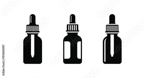 Three black dropper bottles displayed in a stark silhouette