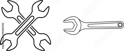 Wrench tools icon set. Repair maintenance spanner symbols. Mechanical service outline vector illustration collection