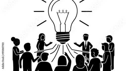 Group brainstorming with lightbulb icon and interconnected people featuring idea, creativity, teamwork with collaboration and innovation elements for
