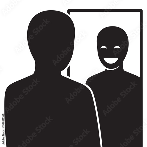 A person looks at their happy silhouette in a mirror with a smile silhouette