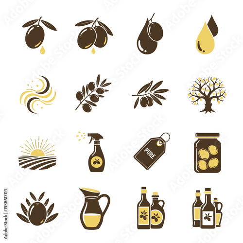 Olive oil production process illustrated with icons of harvesting, bottles, and labels