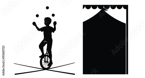 A juggler balancing on a unicycle under a circus tent silhouette