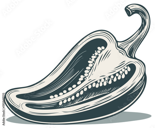 Engraved Jalapeno Pepper Half Illustration with Seeds Showing Cross Section