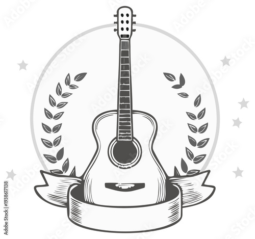 Monochrome Guitar Icon in Laurel Wreath with Ribbon Banner for Musical Events