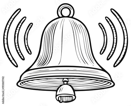 Illustrated ringing bell graphic, black and white outline, concept of alarm, alert, sound