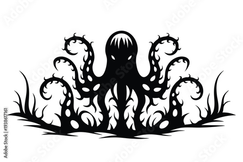A scary, dark silhouette of an alien monster with extended tentacles