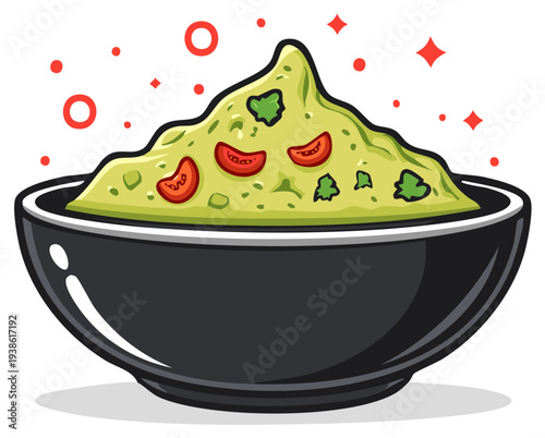 Bowl of fresh guacamole with tomato and cilantro