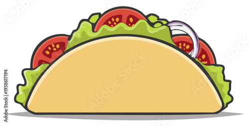 Colorful taco illustration with lettuce, tomatoes, and onion for Mexican cuisine, street food, fast food concept
