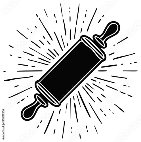 Rolling pin vector illustration with hand drawn sunburst for baking, cooking, culinary, and kitchen concepts