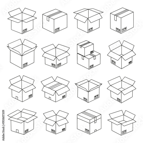 Collection of open and closed boxes illustrated from various viewpoints showcasing different packaging styles and designs