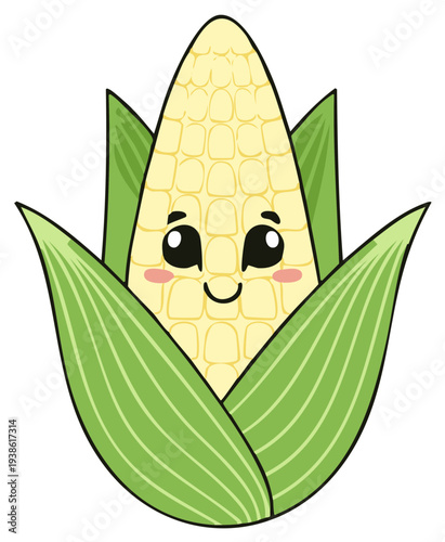 Cartoon corn character with cute face and green leaves