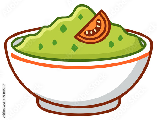 Cartoon guacamole dip in white bowl with tomato slice on top green avocado sauce illustration