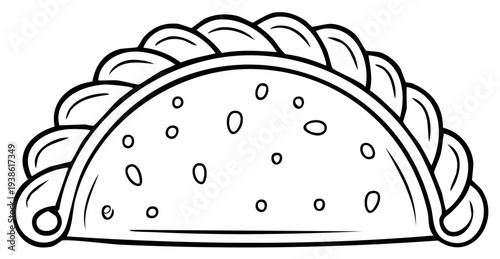 Black and white illustration of a taco with simple outlines, perfect for coloring book pages and food-related projects.